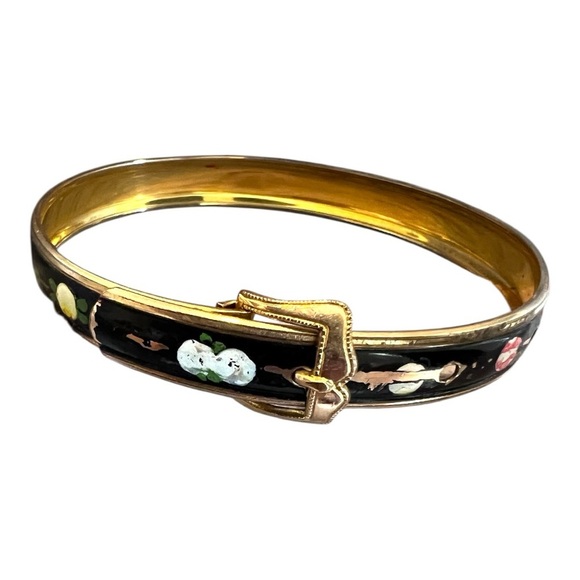 Vintage Hayward 12K Gold-Filled Buckle Bracelet | Enamel Floral Bangle, 1950s - Picture 1 of 11
